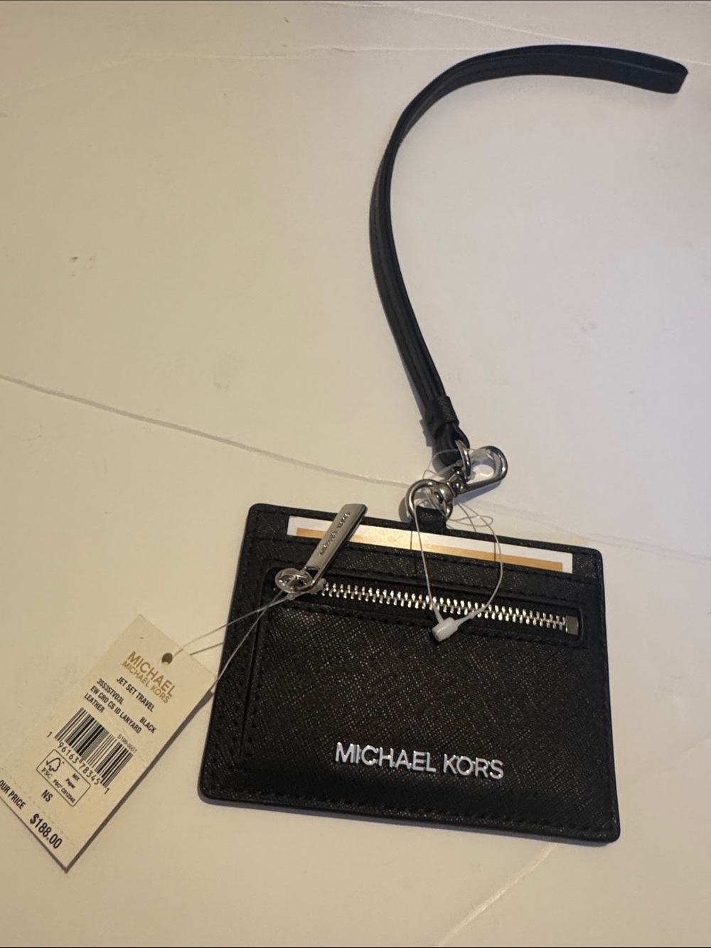 New Michael Kors Black Jet Set Travel Cardholder Lanyard with Zip Pocket